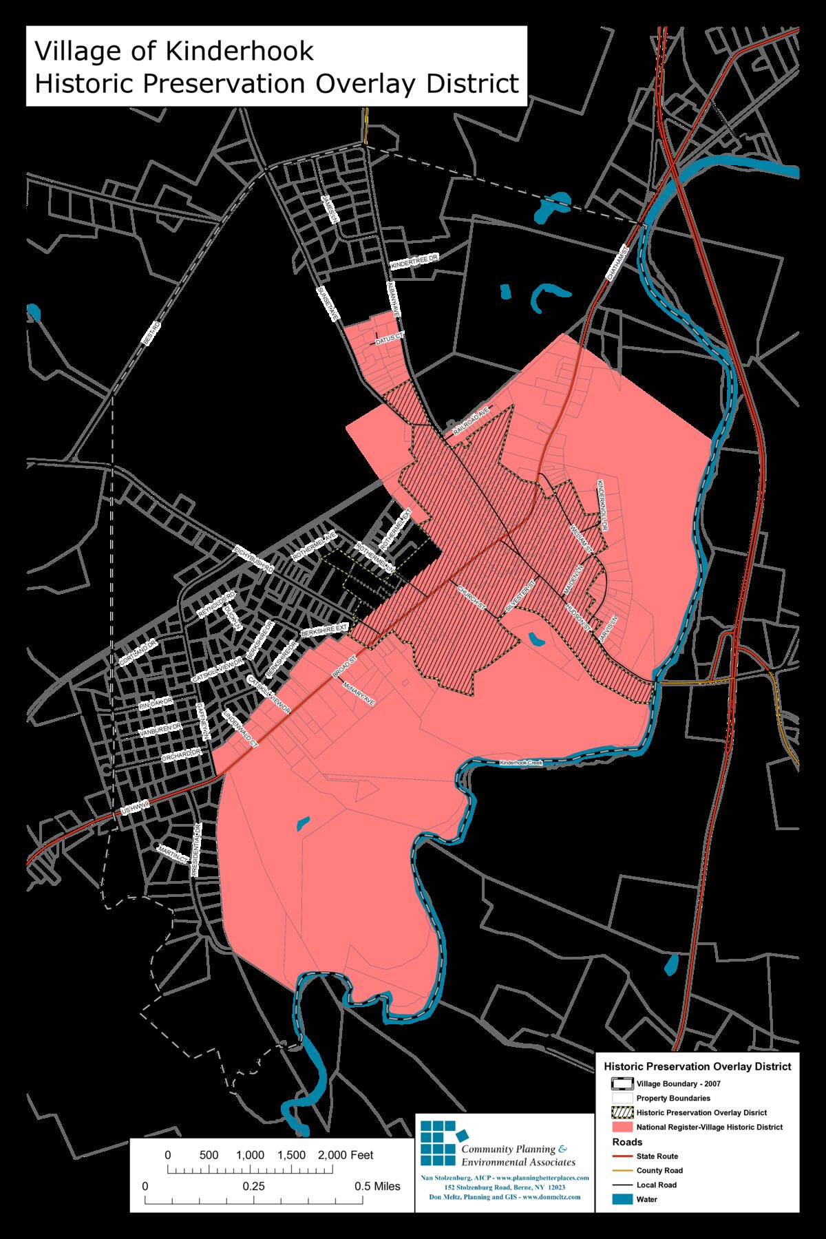 Map of the Village of Kinderhook showing the smaller hatched local Historic Preservation Overlay District and the larger pink National Register Village Historic District, drawn over property boundaries and street names.